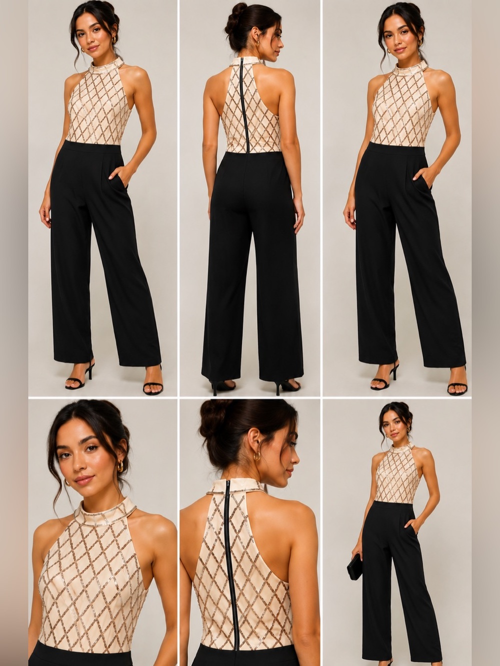 Black Cream Sequin Embellished Halter Wide Leg Jumpsuit